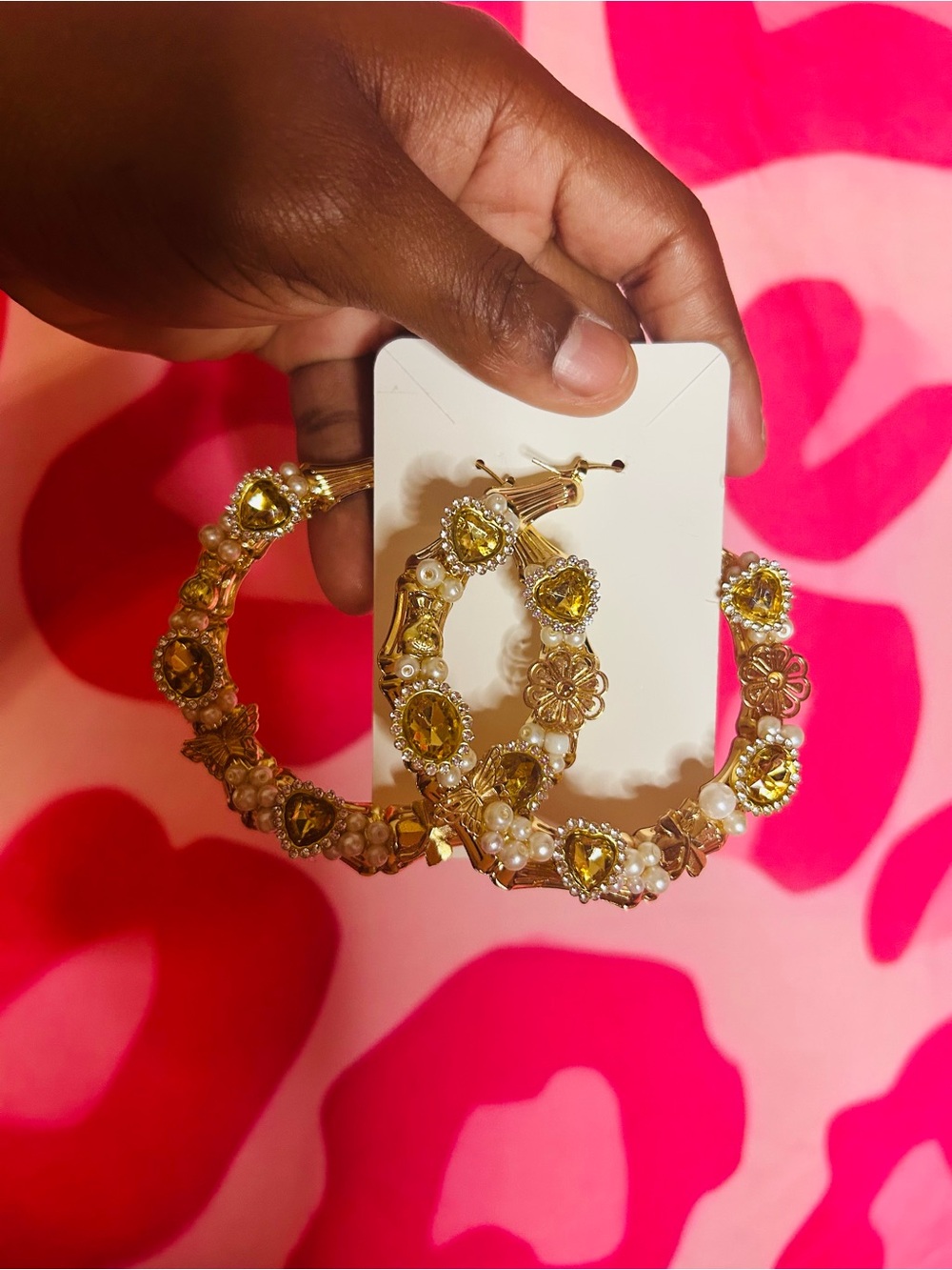 Handmade Diamond & Pearl Bamboo Earrings